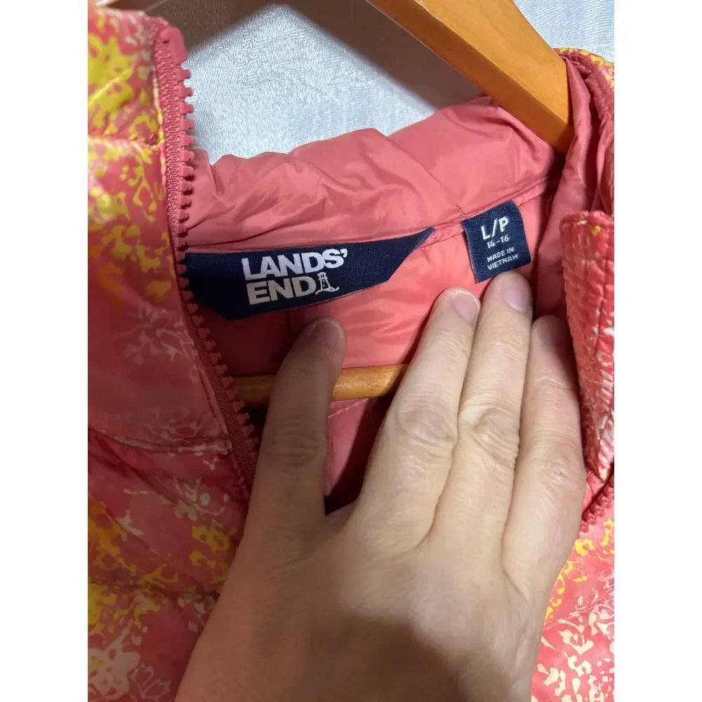 Lands End Puffer Coat Large 14 16 Down Filled Packable NEW Pink Yellow Abstract - Picture 9 of 12